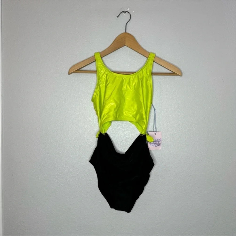 New Girl’s Swimsuit, “More Than Magic” Cutout OnePiece, Size L (10/12), Lime&Blk